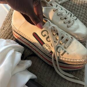 Gucci Women's Beige Platform Espadrille Sneakers. Comes with box and dust bag.